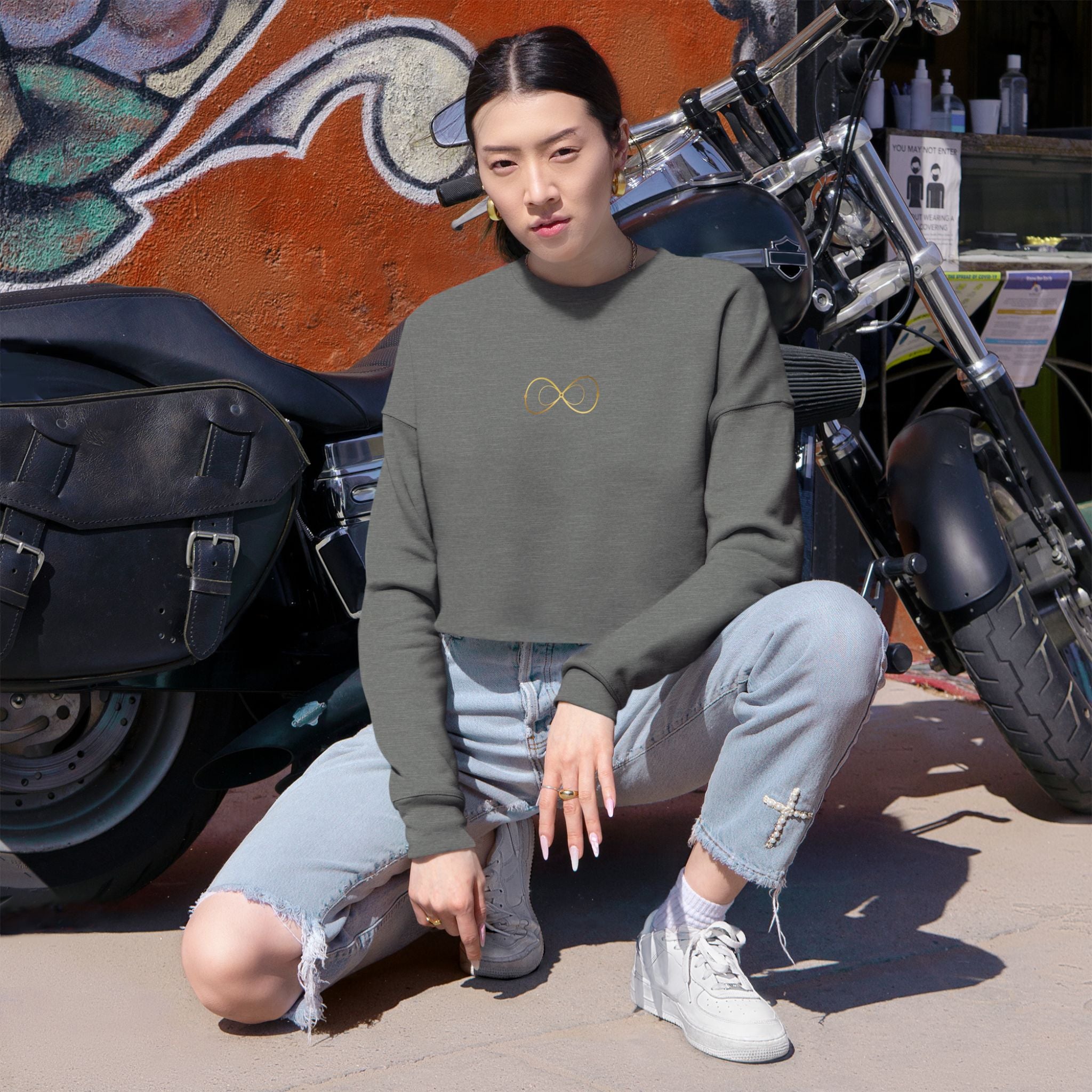 Women's Cropped Sweatshirt — Minimal Gold Infinity Logo, Casual Everyday Crop