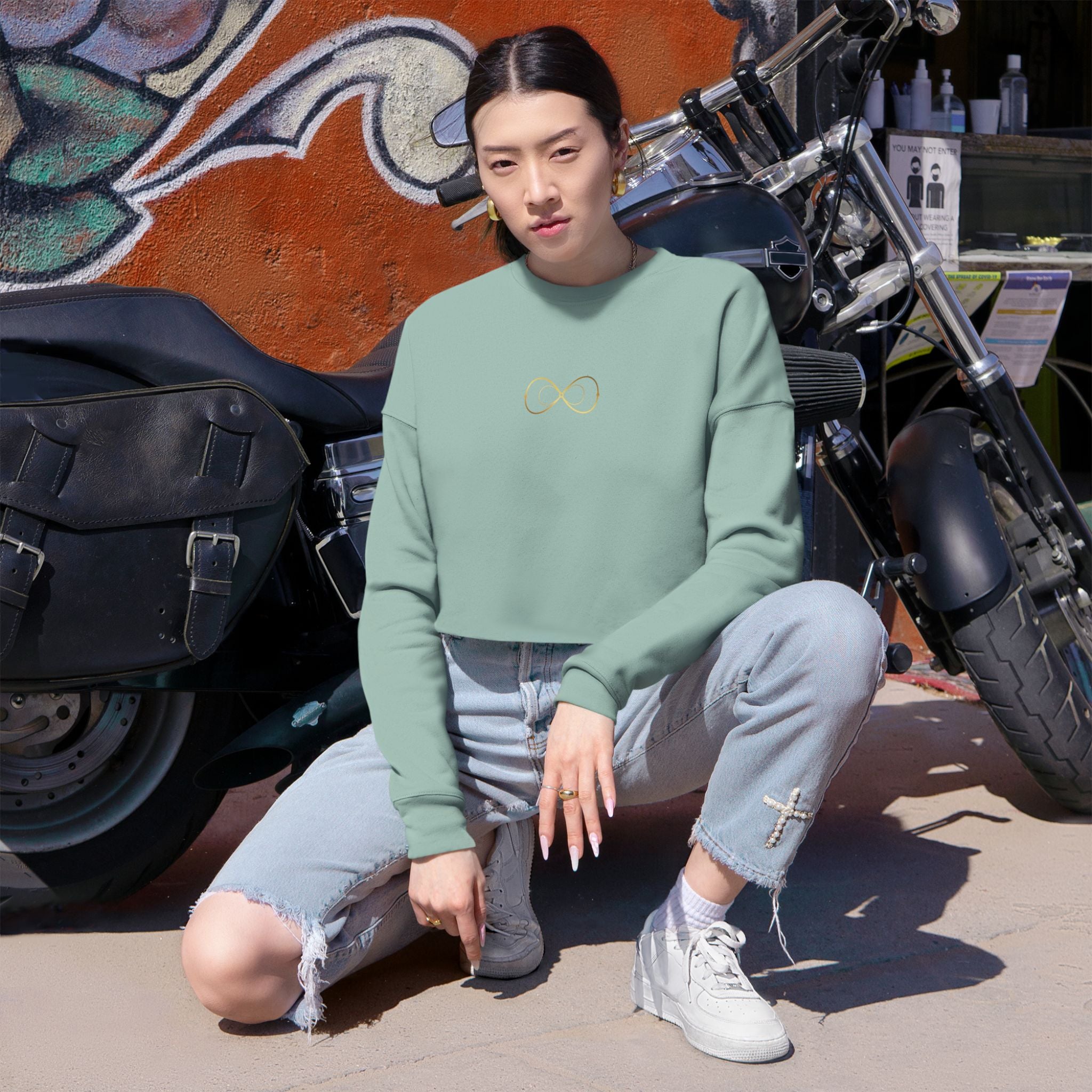 Women's Cropped Sweatshirt — Minimal Gold Infinity Logo, Casual Everyday Crop